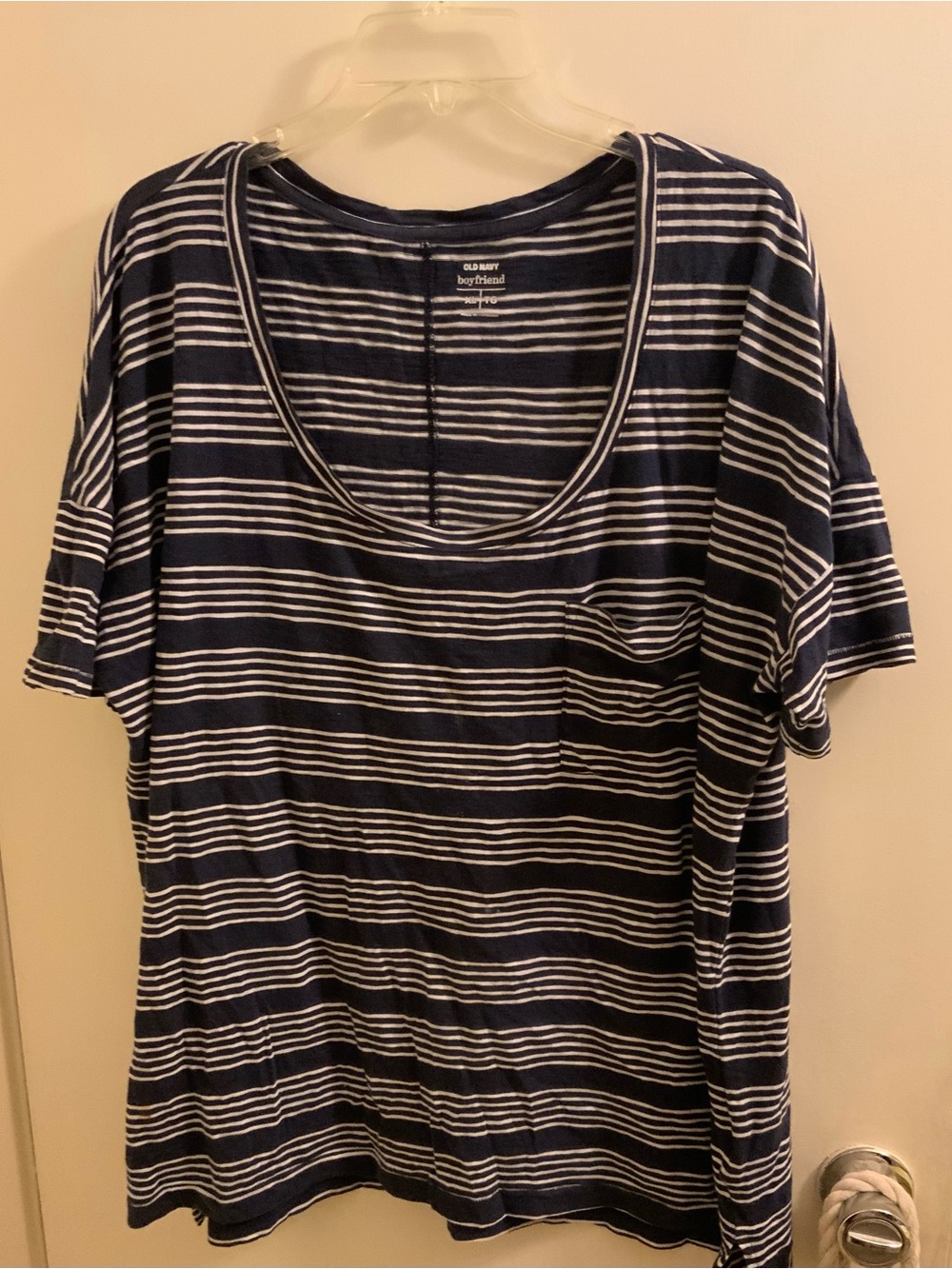 Old Navy Navy and White Striped Scoop Neck Tee with Pocket